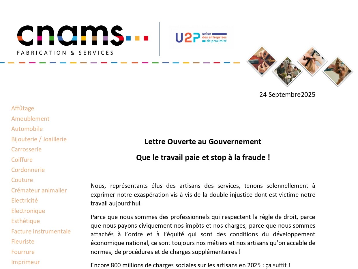 « Que le travail paie ! » : La CNAMS Île-de-France relaye l’appel solennel des artisans contre l’injustice et la fraude